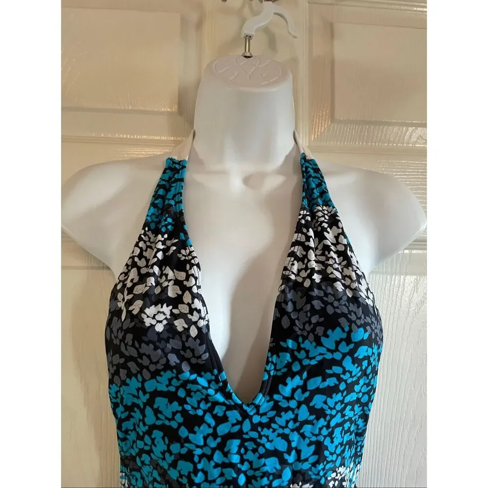 Icon Swim Medium One Piece Bikini Plunge Neck Halter Open Back Blue